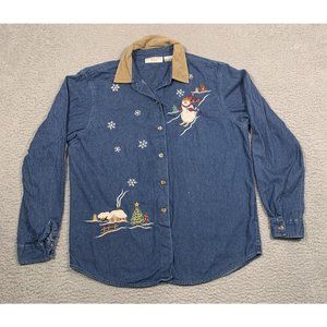 Vintage Victoria Jones Snowman Christmas‎ Blue Button Shirt Petite Large PL